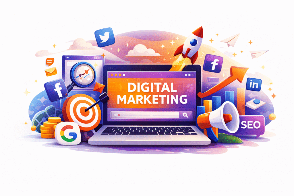Digital marketing illustration showing SEO, social media, analytics, and online growth tools