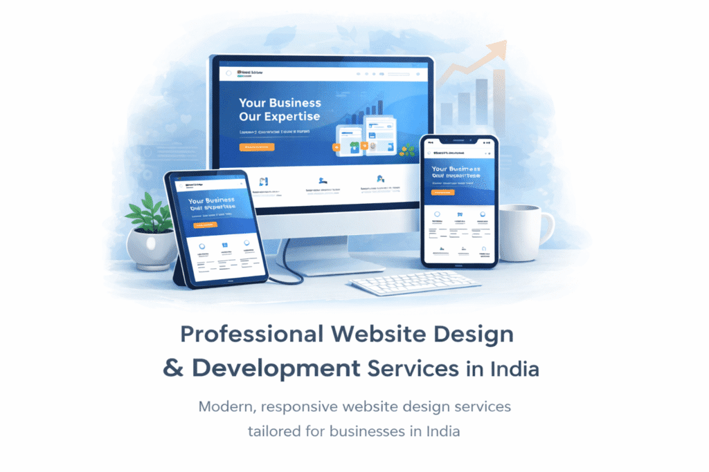 Responsive website design displayed on desktop, tablet, and mobile screens showing professional business website layout.