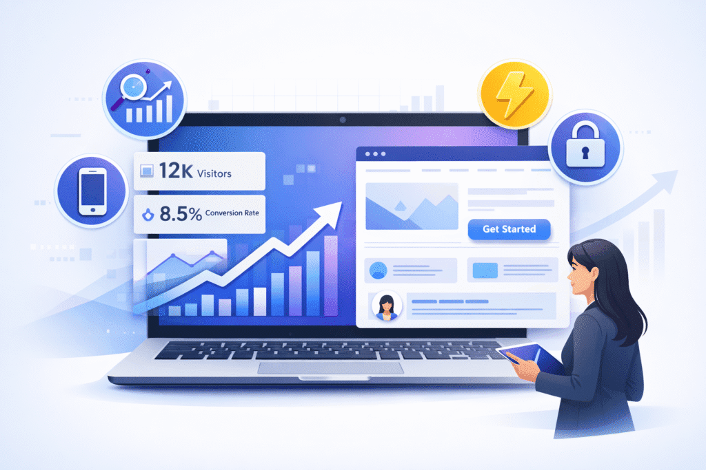 Analytics dashboard with upward growth graph showing how professional website design improves traffic and business conversions.