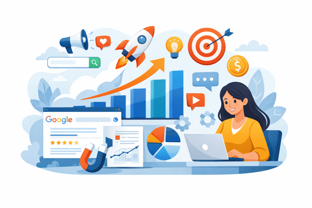 Digital marketing illustration showing business growth, analytics, SEO, and online advertising strategy
