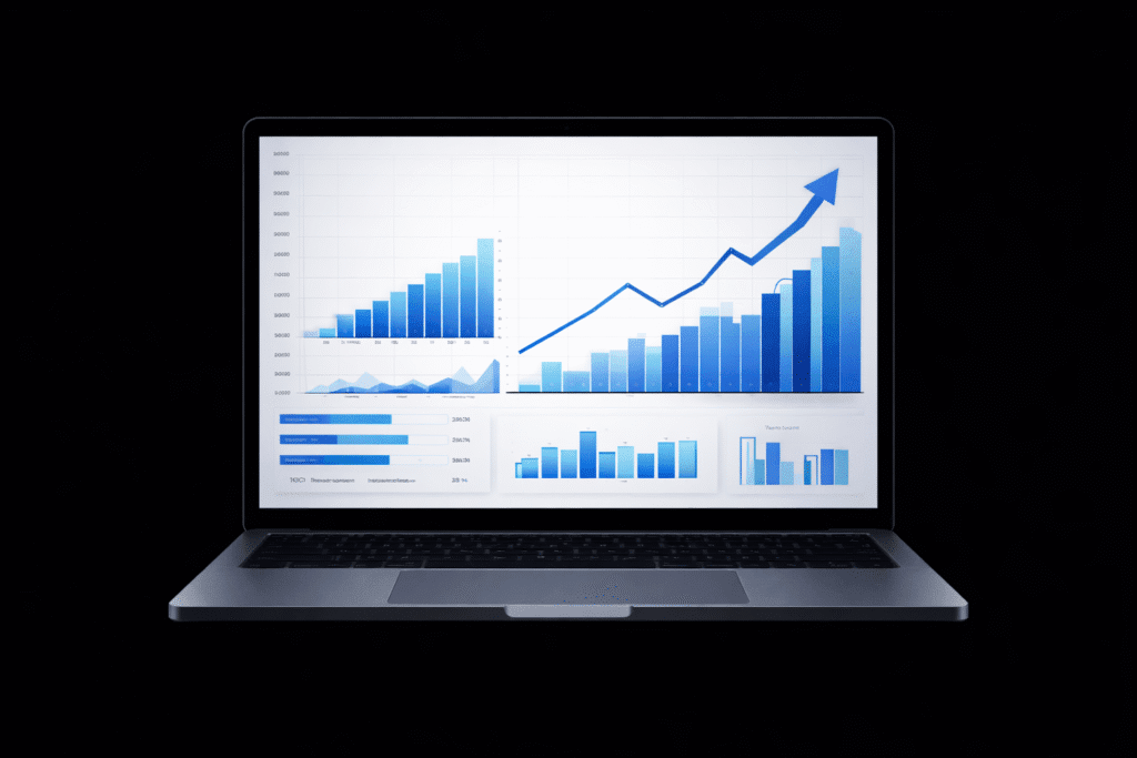 Front-facing modern laptop displaying SEO analytics dashboard with upward growth charts and traffic graphs on a clean background.
