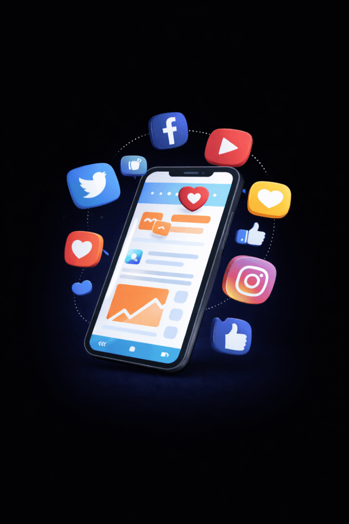 Front-facing smartphone with social media icons floating around it on a black background.