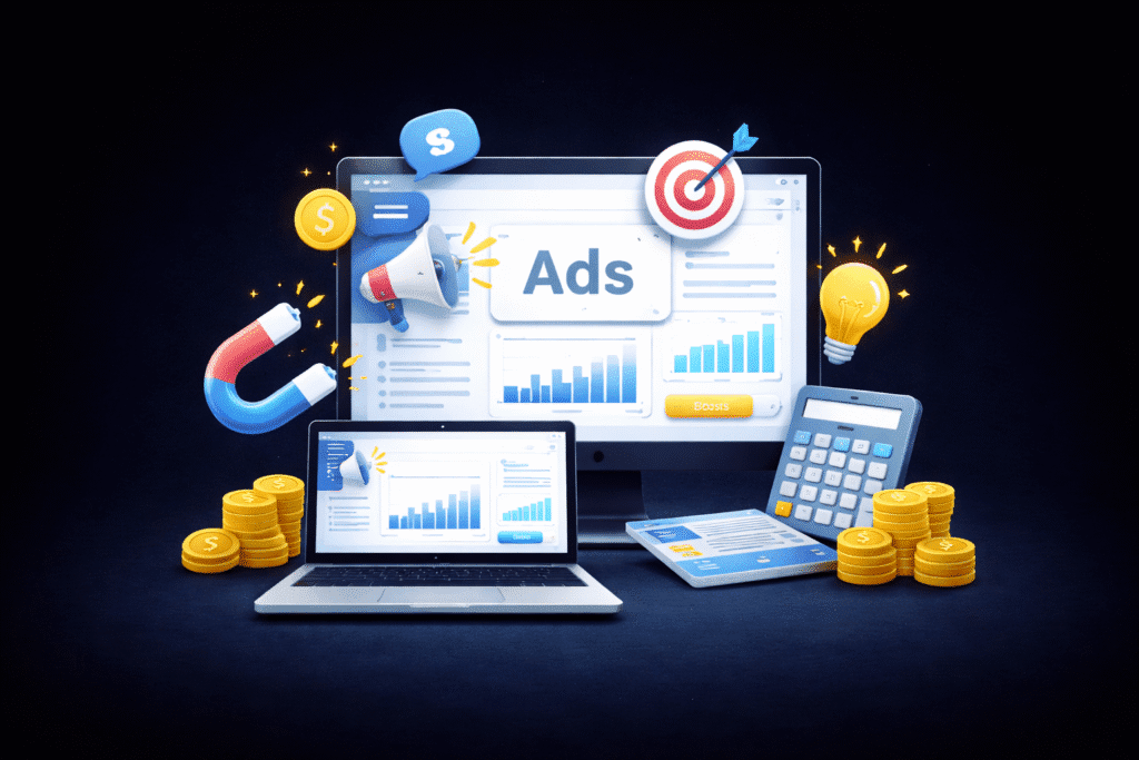 Front-facing desktop monitor displaying an ads dashboard, surrounded by marketing and finance icons on a dark background
