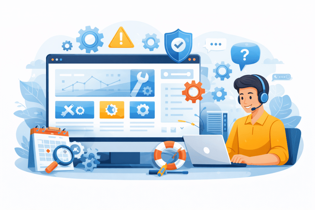 Website maintenance services with security updates, backups, and performance monitoring