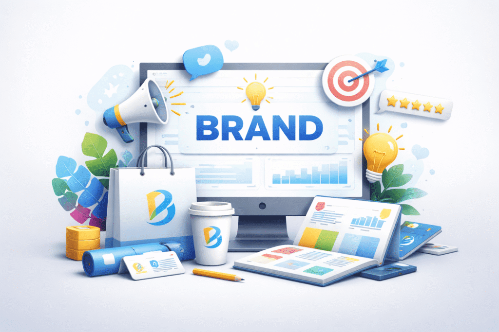 Front-facing branding services illustration with computer screen, logo materials, and creative marketing elements on a light background.