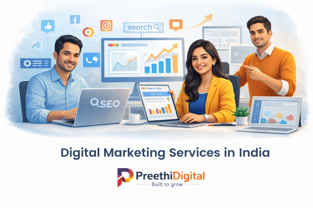 Professional digital marketing team in India working on SEO, Google Ads, and social media marketing campaigns with analytics dashboard and growth charts.
