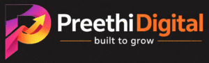 Preethi Digital logo with colorful stylized P icon and tagline “built to grow” on dark background