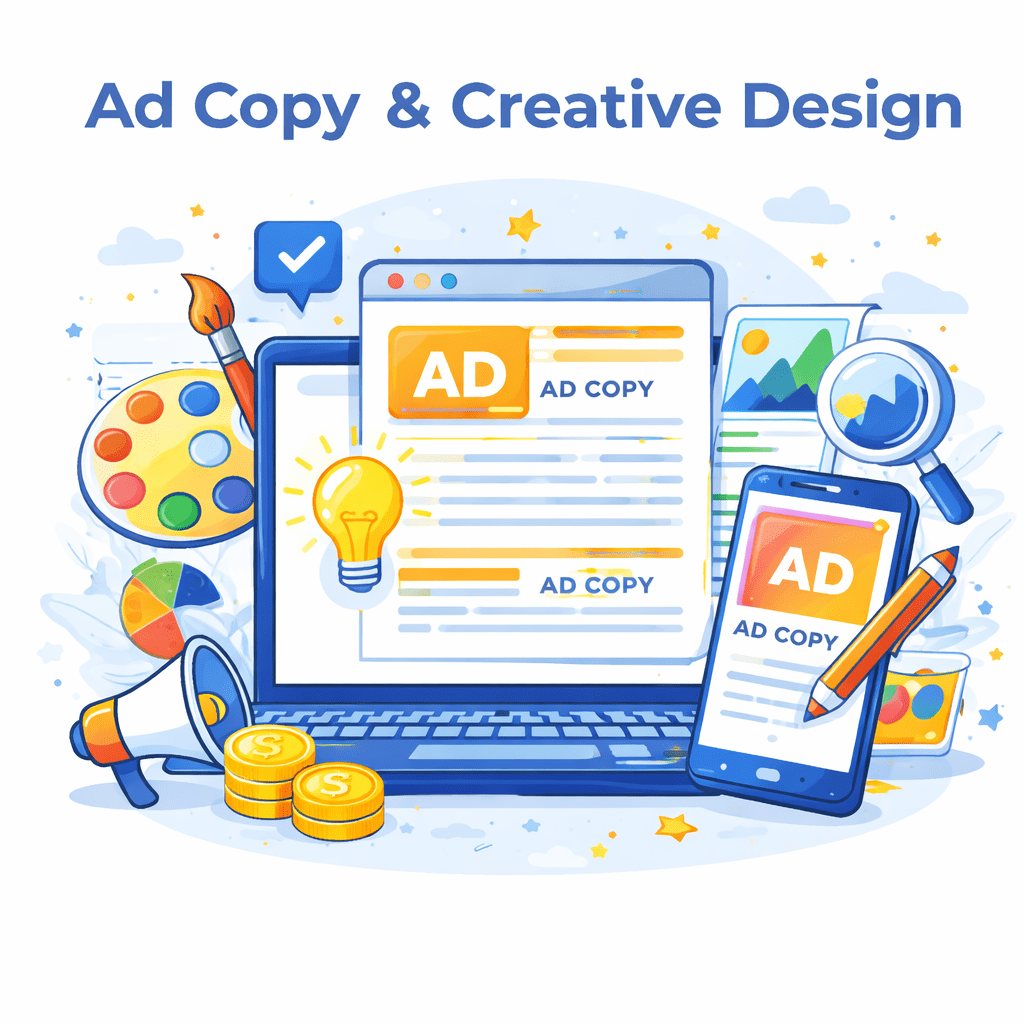 Ad copy and creative design illustration showing laptop and mobile screens with ad text, design tools, color palette, light bulb, pencil, and marketing elements representing creative advertising services.