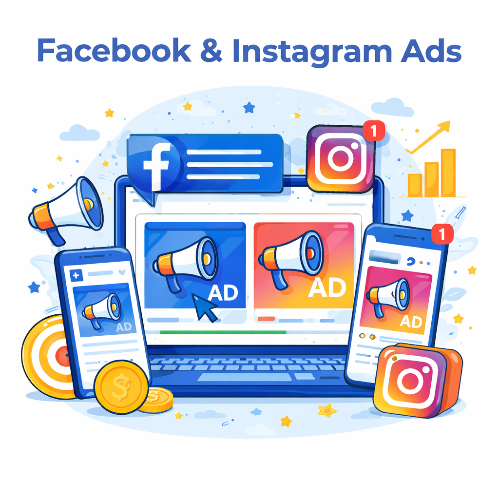 Facebook and Instagram Ads illustration showing laptop and mobile screens with ad creatives, target icon, megaphone, and growth chart representing social media advertising services.