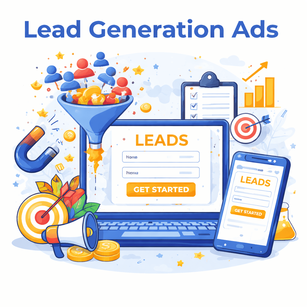 Lead generation ads illustration showing laptop and mobile screens with lead capture forms, customer funnel, target icon, magnet, and growth chart representing lead generation marketing services.