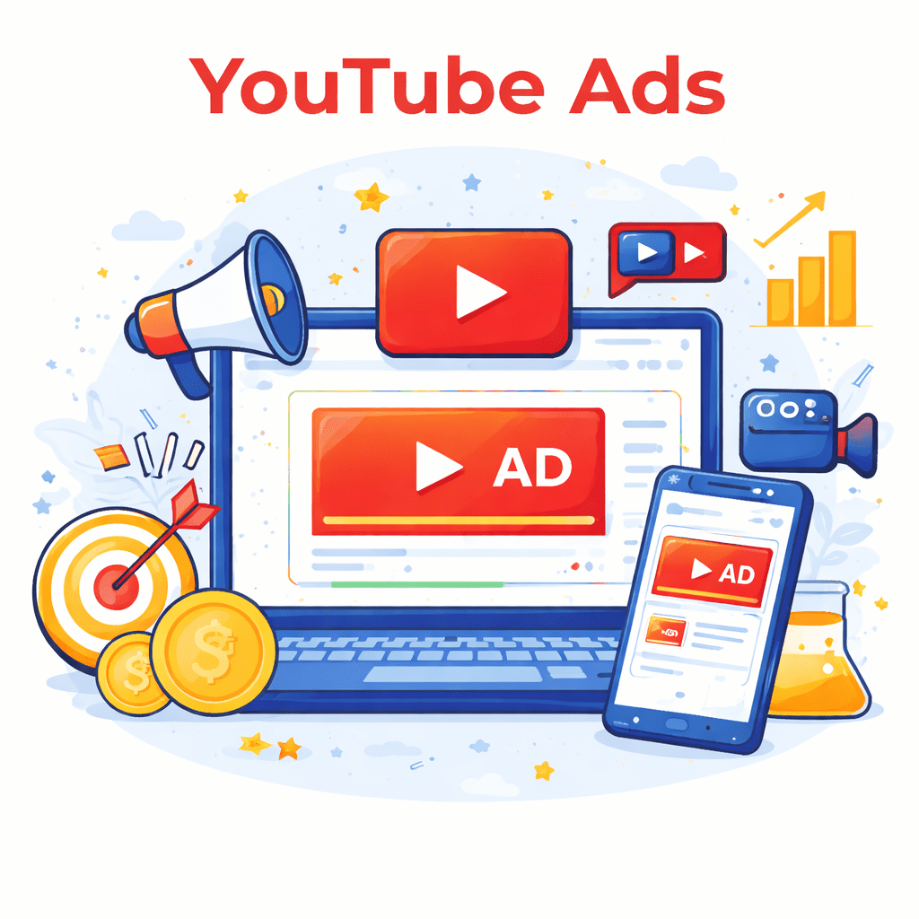 YouTube Ads illustration showing laptop and mobile screens with video ad creatives, play button icons, target symbol, megaphone, and growth chart representing video advertising services.