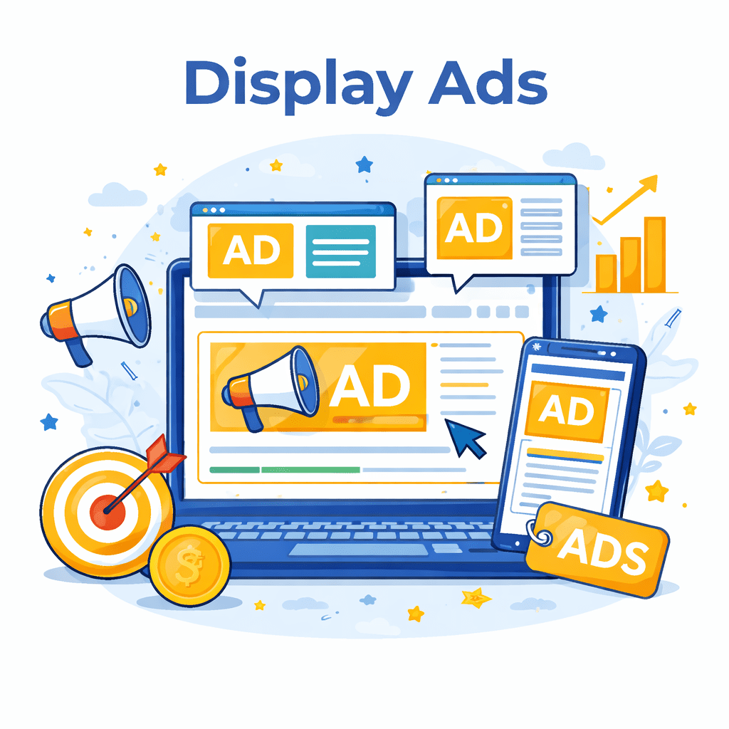 Display Ads service illustration showing banner advertisements across desktop and mobile devices for online brand promotion