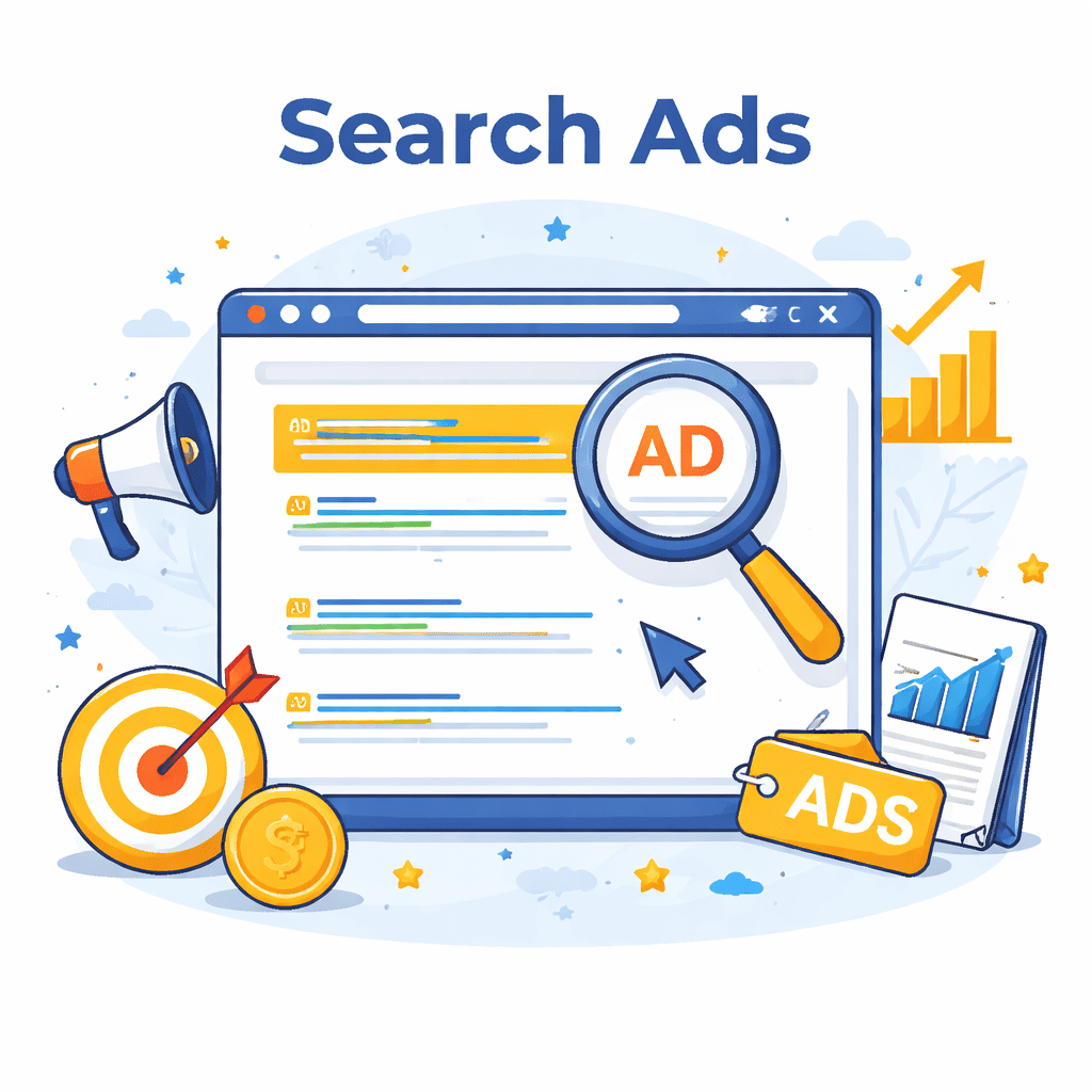 Search Ads management service illustration showing Google search results, target audience, and PPC campaign performance