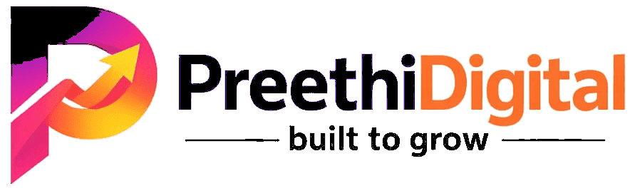Preethi Digital logo with upward growth arrow and tagline built to grow