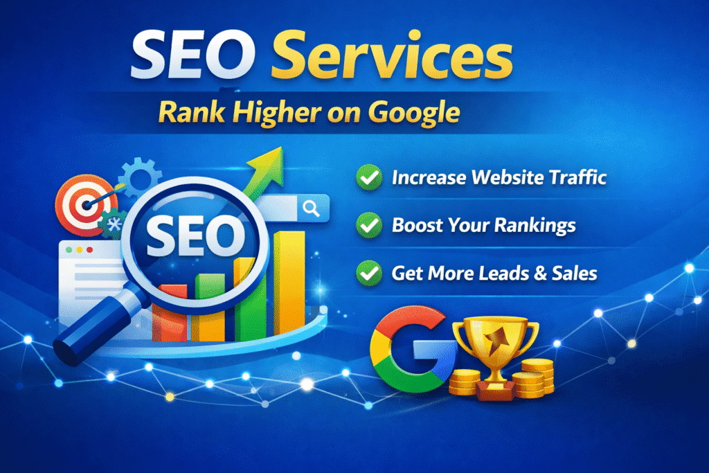 SEO Services banner showing “Rank Higher on Google” with growth chart, magnifying glass, and digital marketing icons.